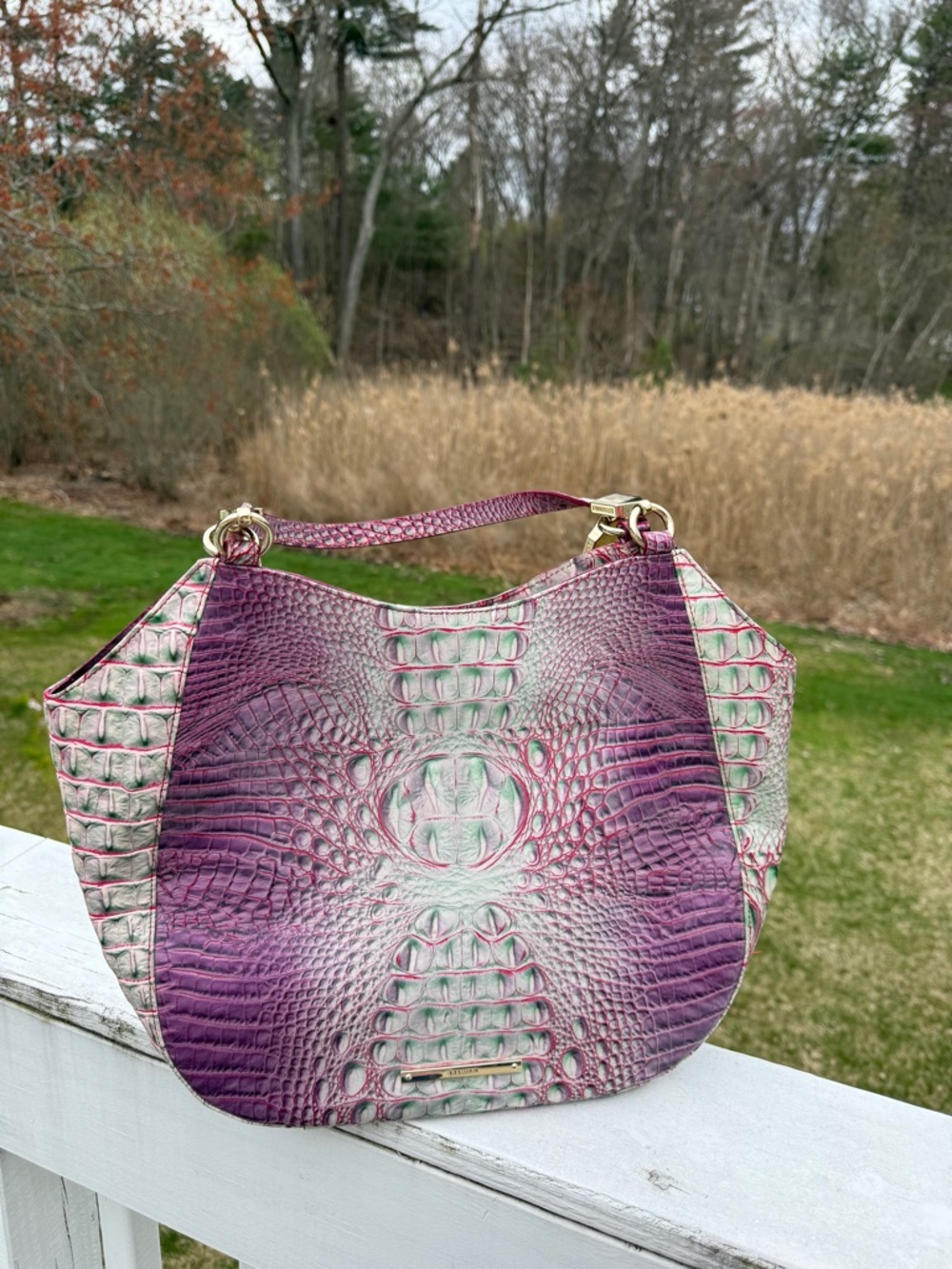 Brahmin Purple / Mint Croc-Embossed Marianna tote Bag - Picture 2 of 6